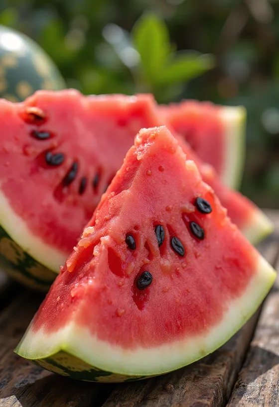 Fresh, sliced watermelon with red flesh and black seeds on a wooden table