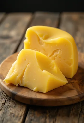 Fresh Gouda cheese in a white ceramic bowl on a wooden table