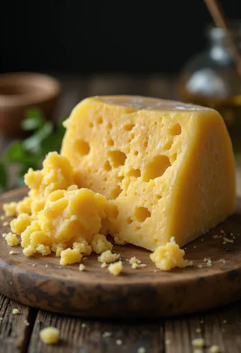 Fresh Grana Padano cheese in a white ceramic bowl on a wooden table