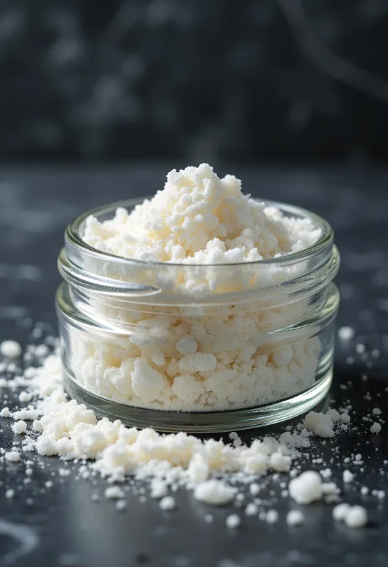 Guar gum powder in a small bowl with a wooden spoon, light background