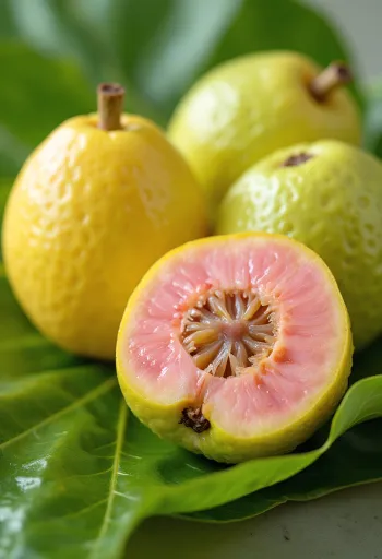 Fresh guava fruits sliced, with pink flesh and green skin on a wooden surface