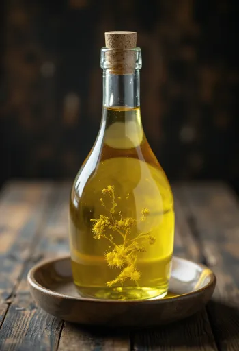 cottonseed oil in a bottle and small bowl, next to a cotton branch
