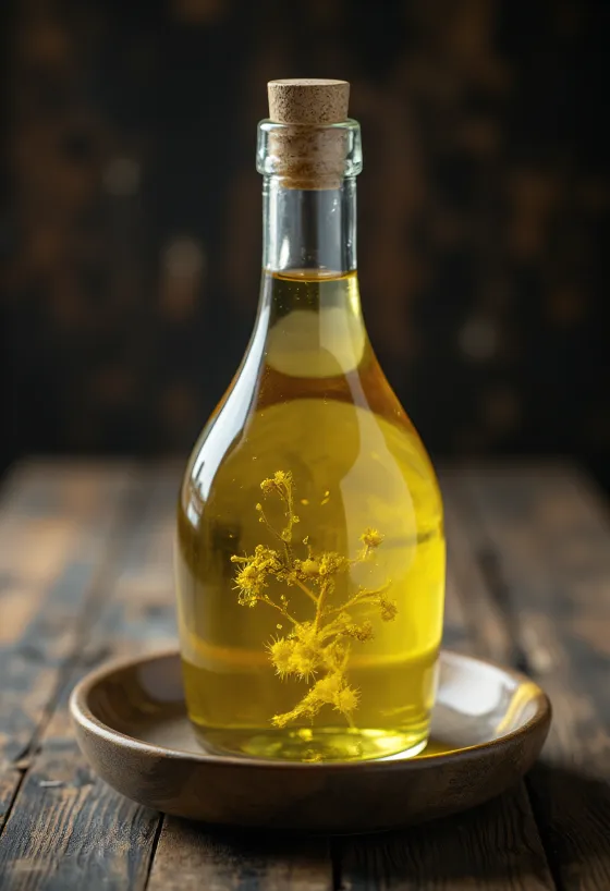 cottonseed oil in a bottle and small bowl, next to a cotton branch