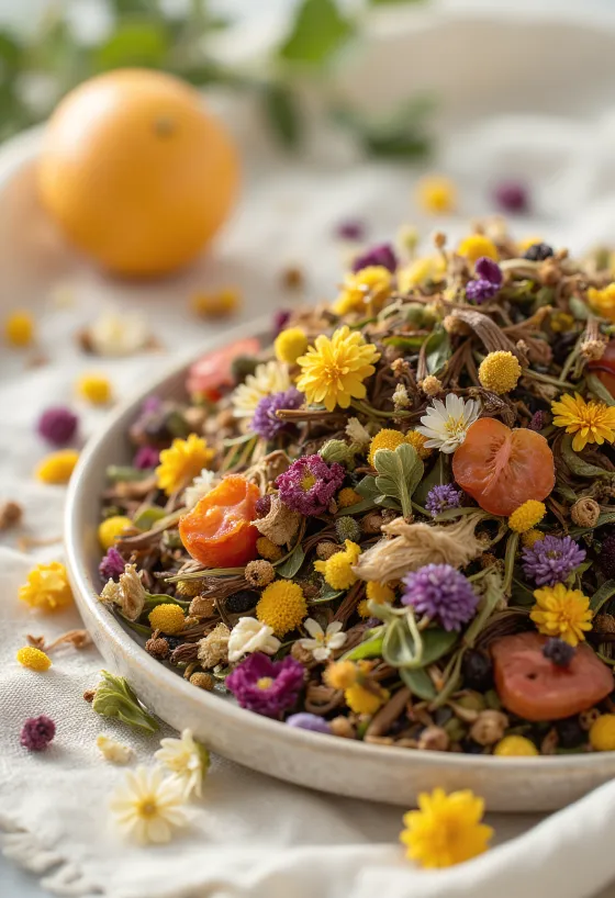 Loose herbal tea, dried plant mix in a bowl and scattered with a wooden spoon