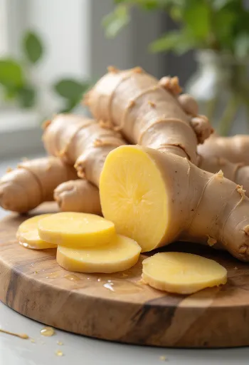 Fresh ginger root slices and grated ginger in a bowl on a wooden kitchen surface