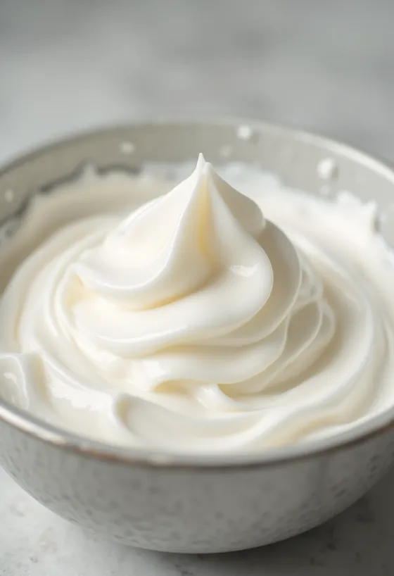Whipping cream in a glass jug and whipped in a small bowl, on a wooden counter