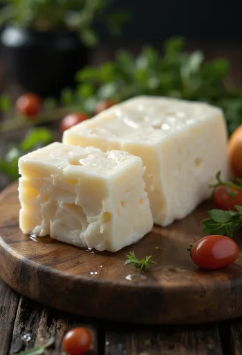 Fresh Halloumi cheese in a white ceramic bowl on a wooden table