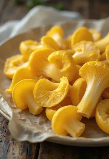 Fresh, sliced pale chanterelle mushrooms served with spices on a rustic board