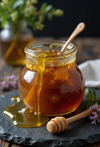 Raw heather honey in a jar, with honey dipper and heather flowers
