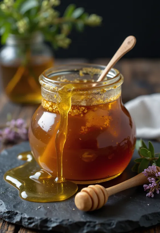 Raw heather honey in a jar, with honey dipper and heather flowers