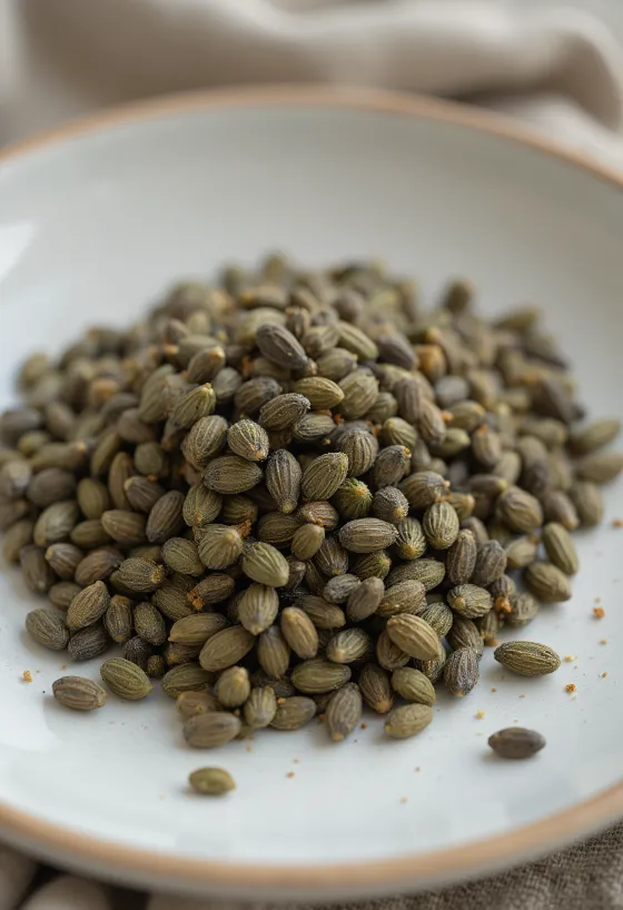 Unhulled hemp seeds close up, scattered on light surface
