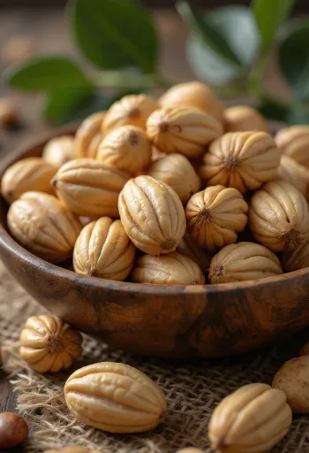 Shelled Brazil nut seeds in a pile, on a light background, with brown skin remnants