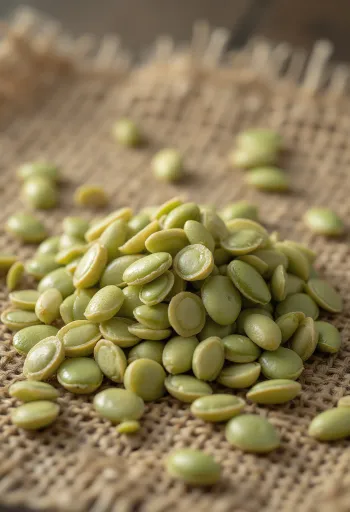 Hulled hemp seeds close up, scattered on a light surface