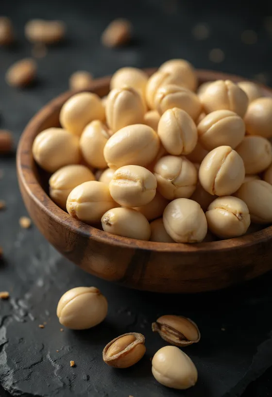 Shelled macadamia nuts in a natural pile, white background