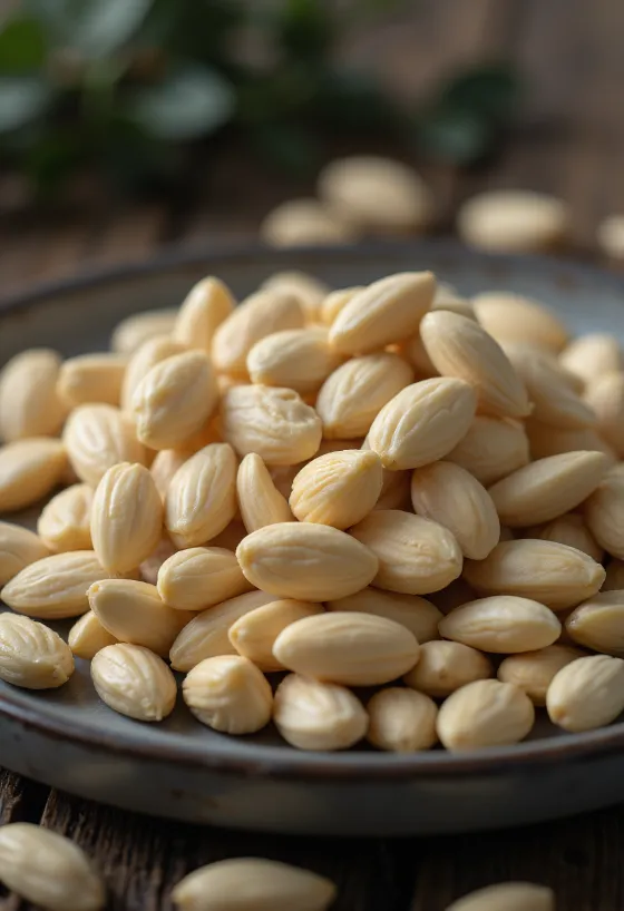 Blanched almond kernels in a natural pile on a white background