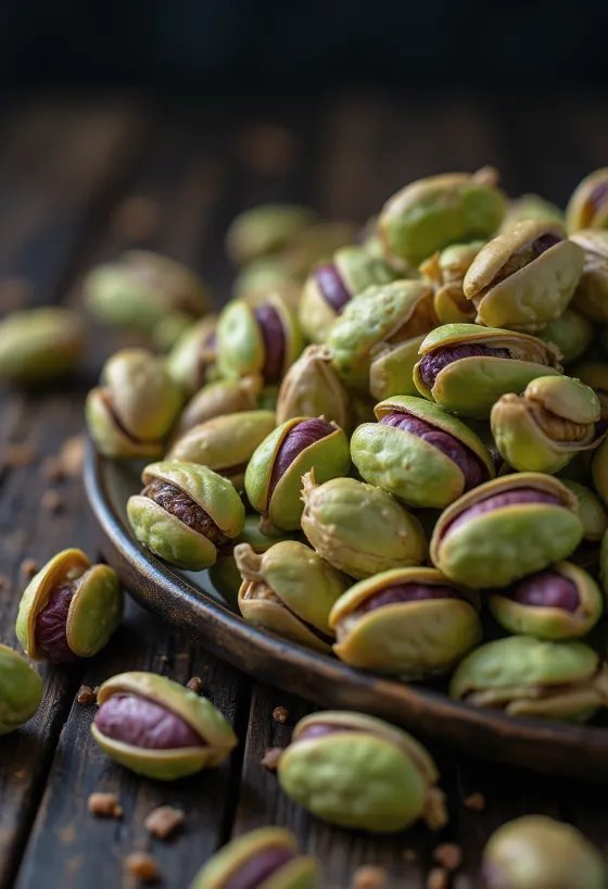 Shelled pistachio nuts in a pile, greenish shades, on white background