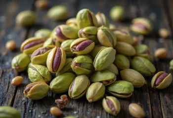 Shelled pistachio nuts in a pile, greenish shades, on white background