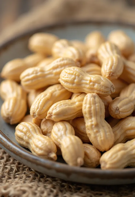 Shelled, unroasted peanuts on light surface, in natural arrangement