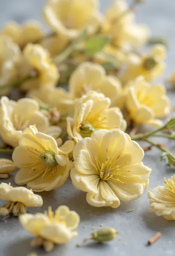 Dried linden blossoms in a bowl, with a wooden spoon, on a rustic kitchen surface