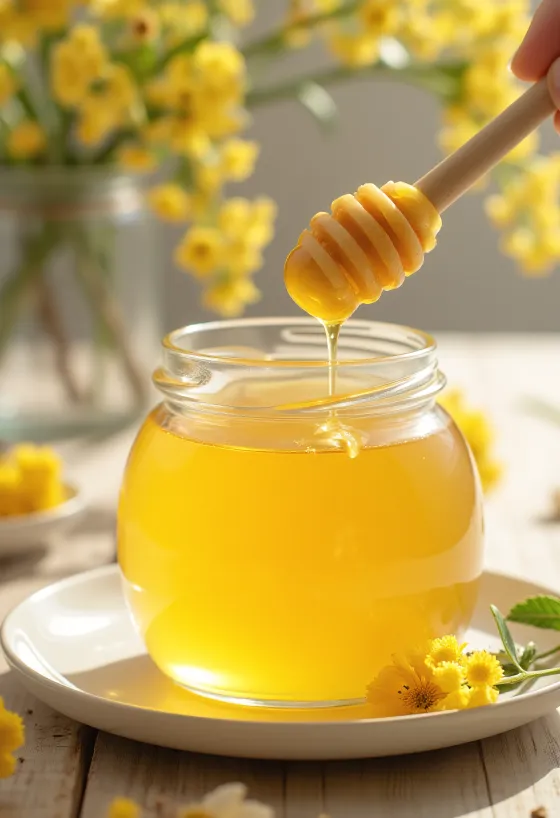 Linden honey in a jar, with wooden dipper and linden flowers