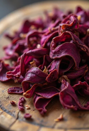 Dried hibiscus petals in a bowl, with a wooden spoon, scattered on a kitchen surface