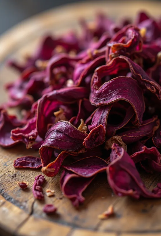 Dried hibiscus petals in a bowl, with a wooden spoon, scattered on a kitchen surface