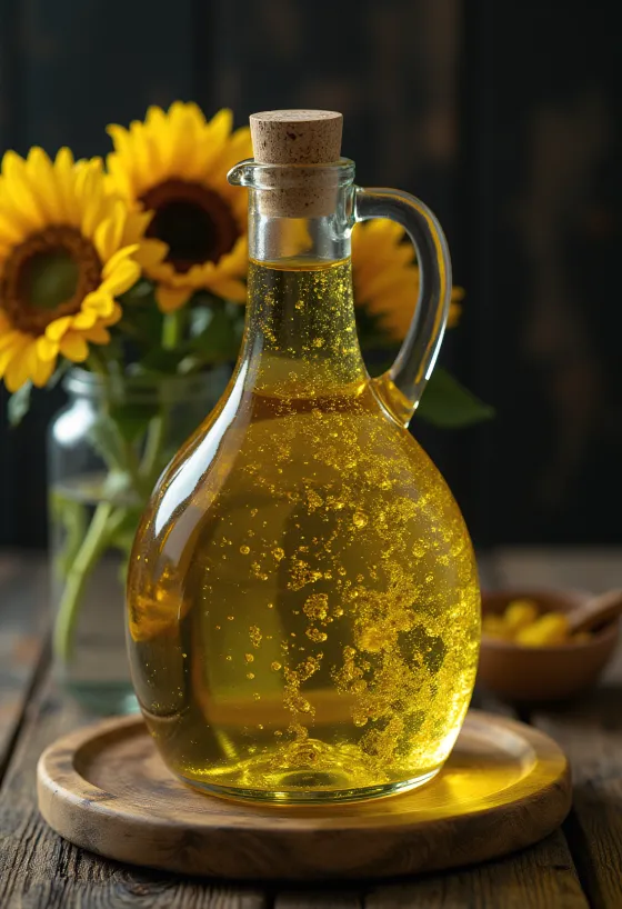 Cold-pressed sunflower oil in a small glass bowl, with sunflower seeds and petal