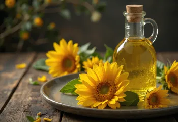 Cold-pressed sunflower oil in a small glass bowl, with sunflower seeds and petal