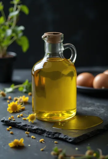 Cold-pressed rapeseed oil in a small glass bowl, next to rapeseeds and a yellow flower petal