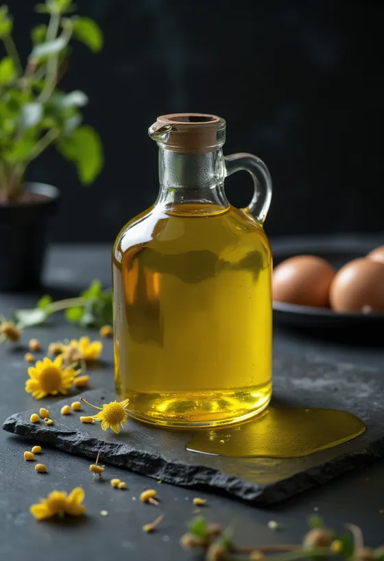 Cold-pressed rapeseed oil in a small glass bowl, next to rapeseeds and a yellow flower petal