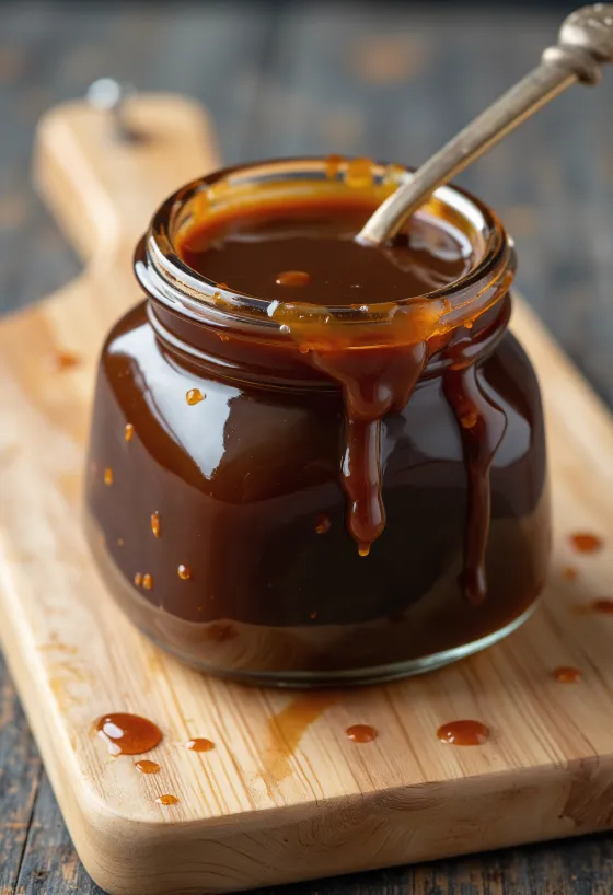 Dark hoisin sauce in a ceramic bowl, surrounded by fermented soybeans, five-spice powder, garlic, vinegar, sesame oil, and sugar