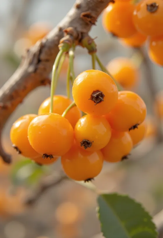 Sea buckthorn orange berries on a branch, on a rustic wooden surface