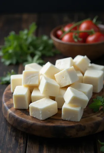 Fresh Indian Paneer cheese in a white ceramic bowl on a wooden table
