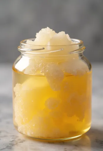 Invert sugar syrup in a jar, dripping from a spoon, light background