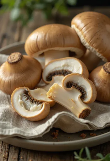 Freshly sliced porcini mushrooms with spices on a wooden board