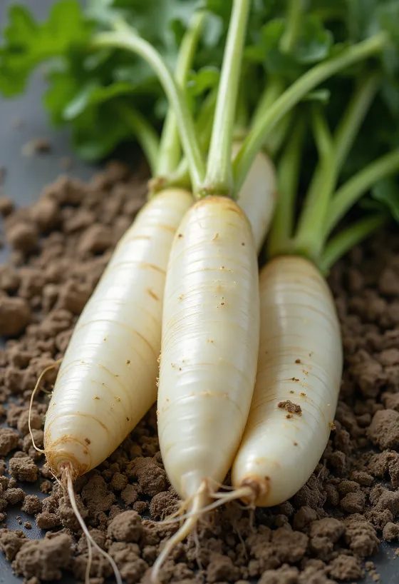 Long white daikon radish fresh with green leaves and sliced on a cutting board