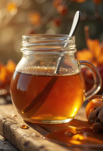 Amber colored maple syrup in a small glass jar with a wooden dipper