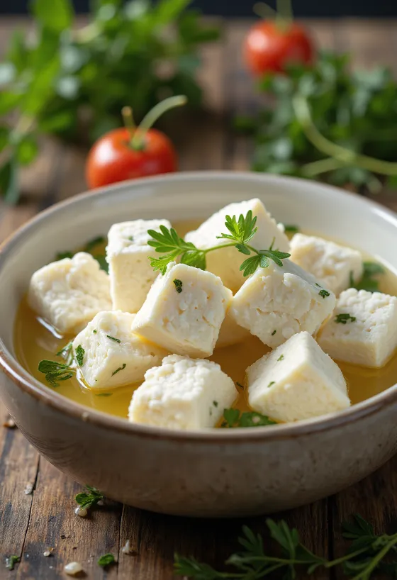 Fresh sheep milk feta cheese in a white ceramic bowl, on a rustic wooden table