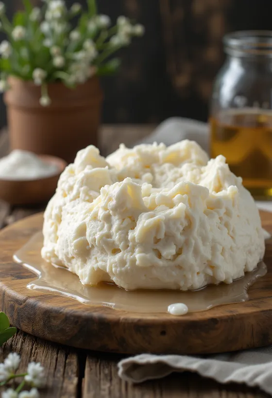 Fresh sheep's milk Gomolya cheese sliced on a wooden cutting board