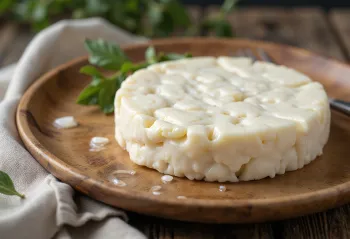 Fresh sheep's milk Gomolya cheese sliced on a wooden cutting board