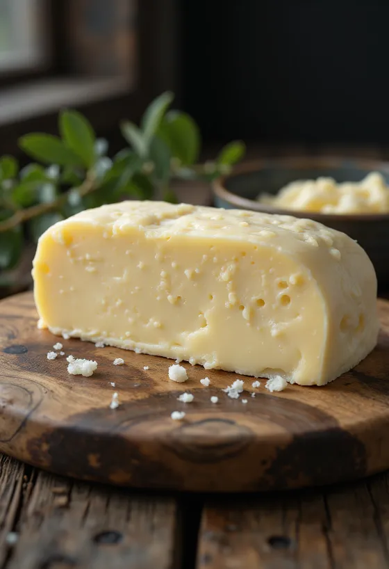 Sheep butter in a small bowl, creamy texture, on rustic wood surface