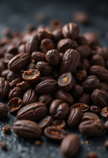 Cacao nibs in a small bowl, with cocoa pieces nearby, on a rustic wooden background