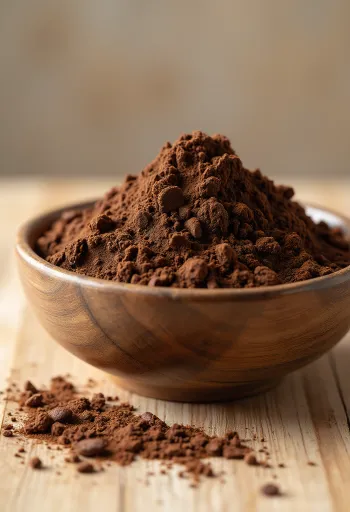 Cocoa powder in a small bowl and scattered with a wooden spoon on a light surface
