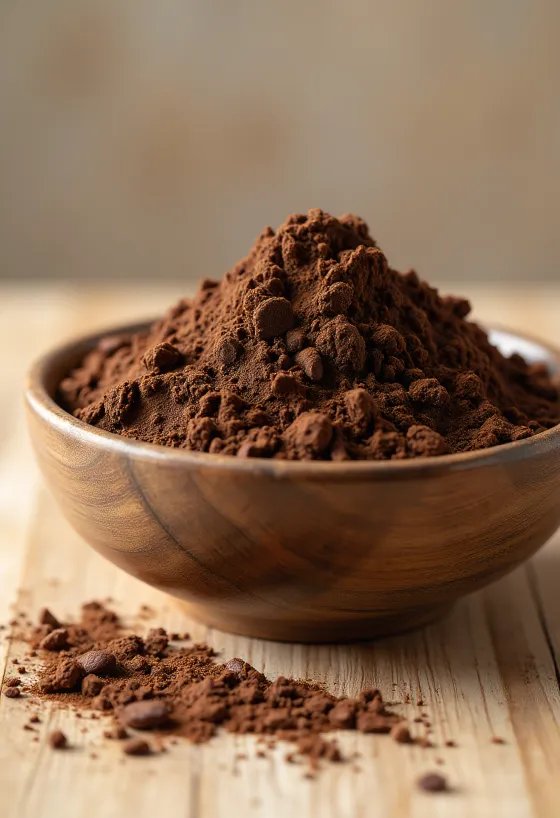 Cocoa powder in a small bowl and scattered with a wooden spoon on a light surface