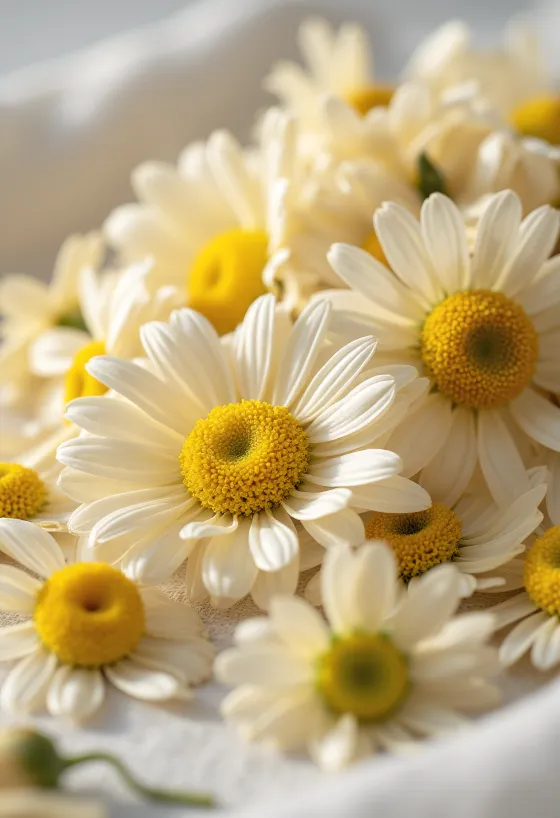 Dried chamomile flowers in a bowl and scattered on a kitchen surface with a wooden spoon