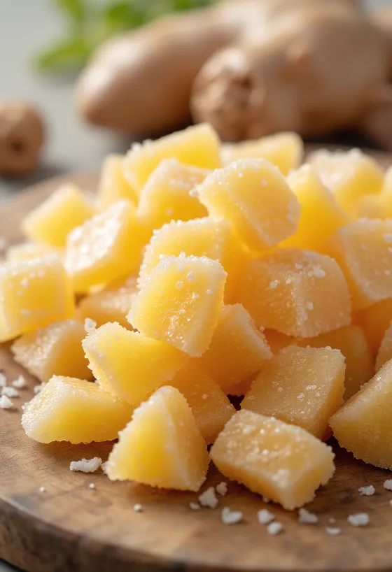 Candied ginger slices in a bowl with fresh ginger and sugar