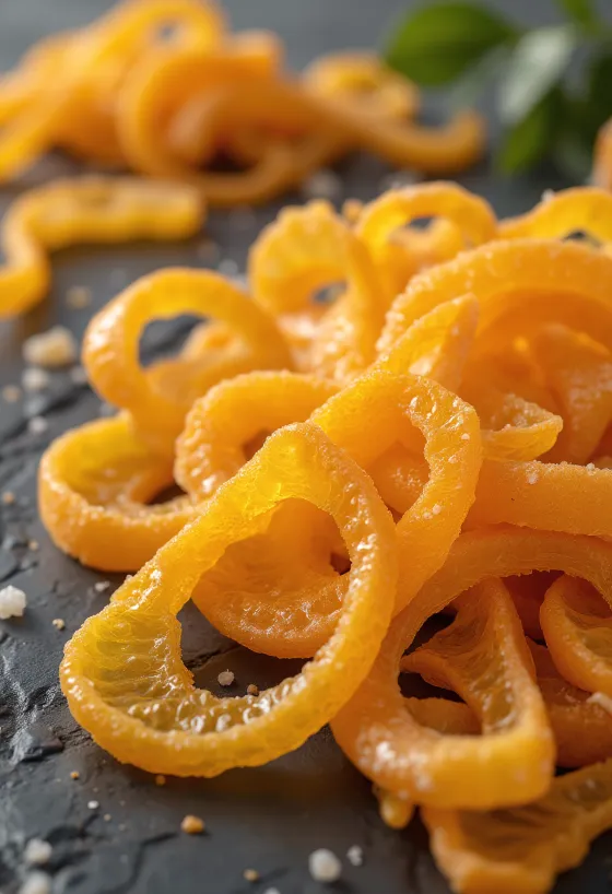 Candied orange peel in a bowl with fresh orange pieces, sugar, and honey
