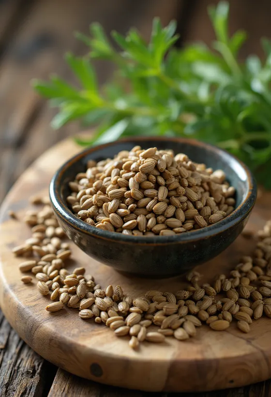 Dill seeds in a wooden spoon and bowl, on a rustic kitchen surface