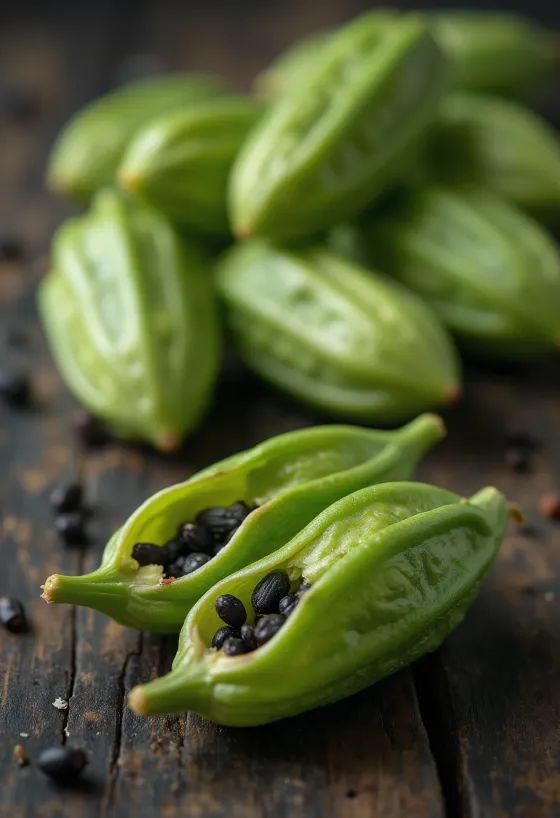 Green cardamom pods and open seeds on a wooden surface, in natural form