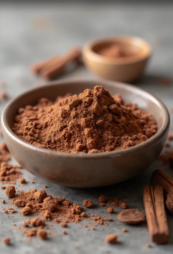 Carob powder ingredient: fine brown powder in a bowl with a wooden spoon in a kitchen setting